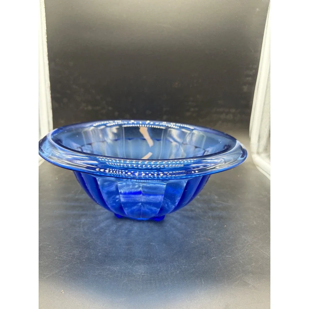 Vintage Cobalt Blue Glass Ribbed Serving Bowl Fluted Art Deco Style 9.5 Inch